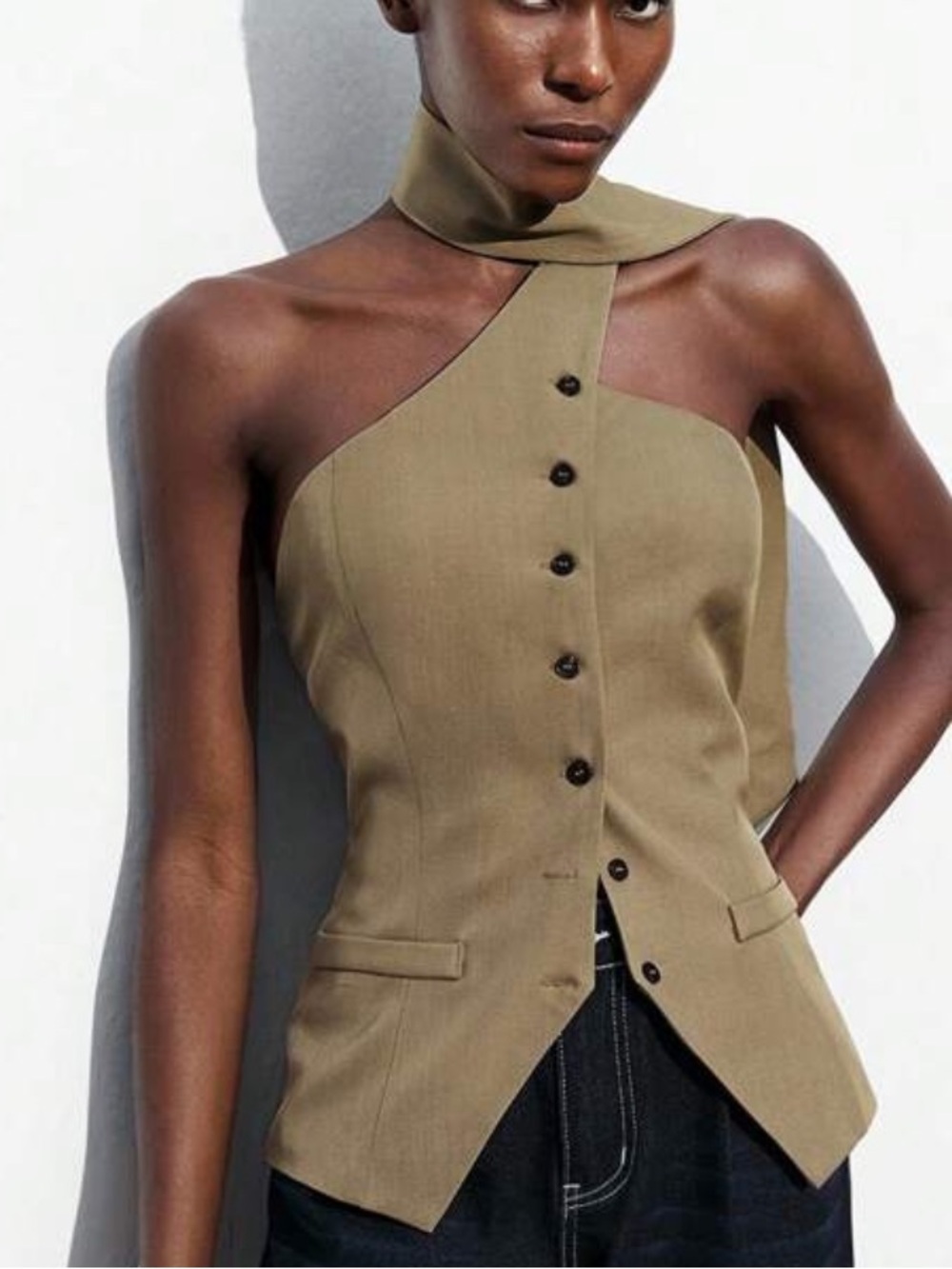 Coffee Brown Asymmetric Neckline Dress with Button Front